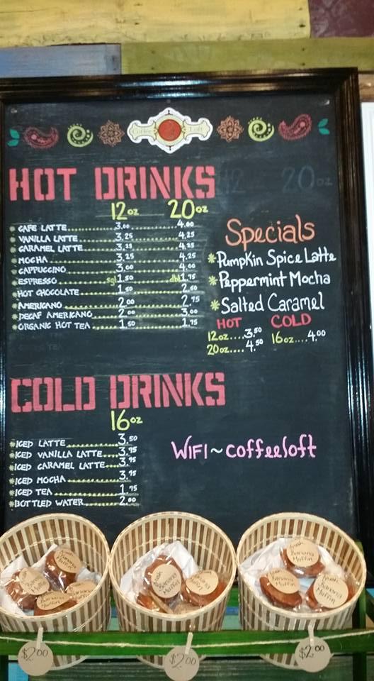 Menu at Coffee Loft cafe, Marathon