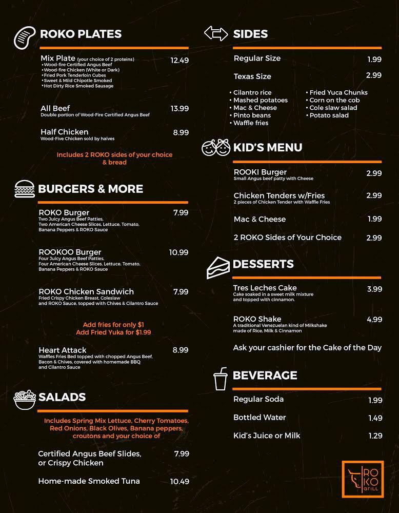 Menu at ROKO Grill restaurant, Katy