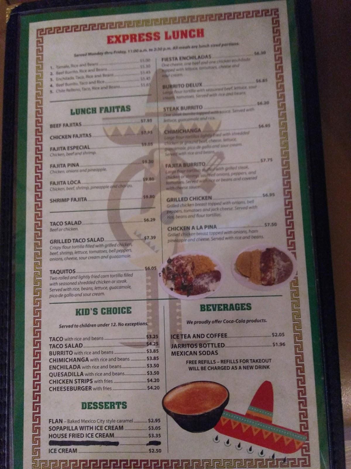 Menu at Fajitas restaurant, Sumrall