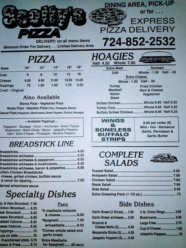 Menu at Scotty's Pizza pizzeria, Waynesburg, E High St