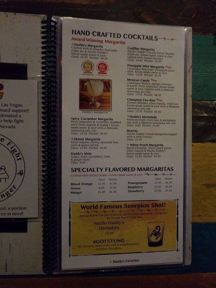 Menu At Nacho Daddy Restaurant Las Vegas Miracle Mile Shops 3663 7045