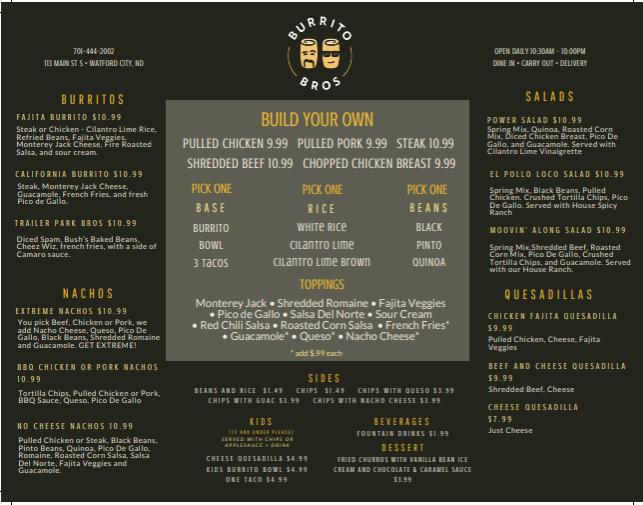 Menu at Burrito Bros. restaurant, Watford City