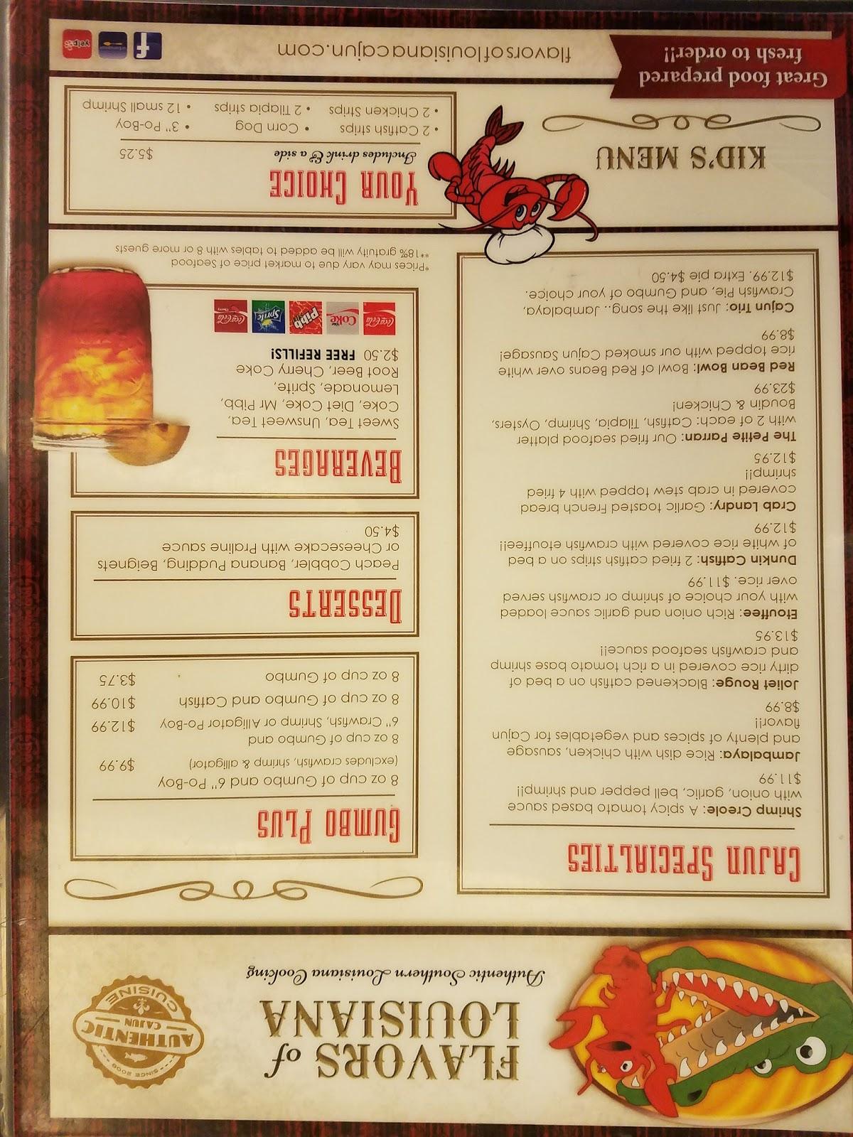 Menu at Flavors of Louisiana restaurant, Tulsa