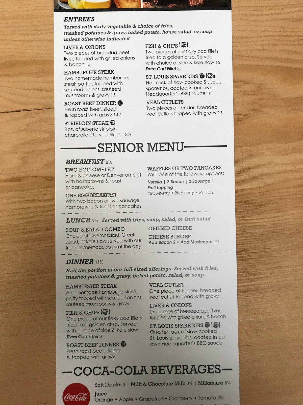 Menu at Headquarters Restaurant and Bar, Sherwood Park