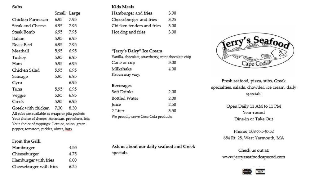 Menu at Jerry's Seafood & Dairy Freeze restaurant, Yarmouth