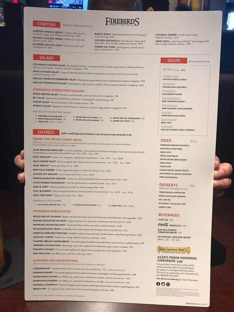 Menu At Firebirds Wood Fired Grill Pub And Bar Indianapolis