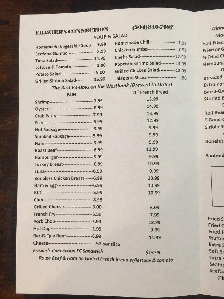 Menu at Frazier's Connection restaurant, Marrero