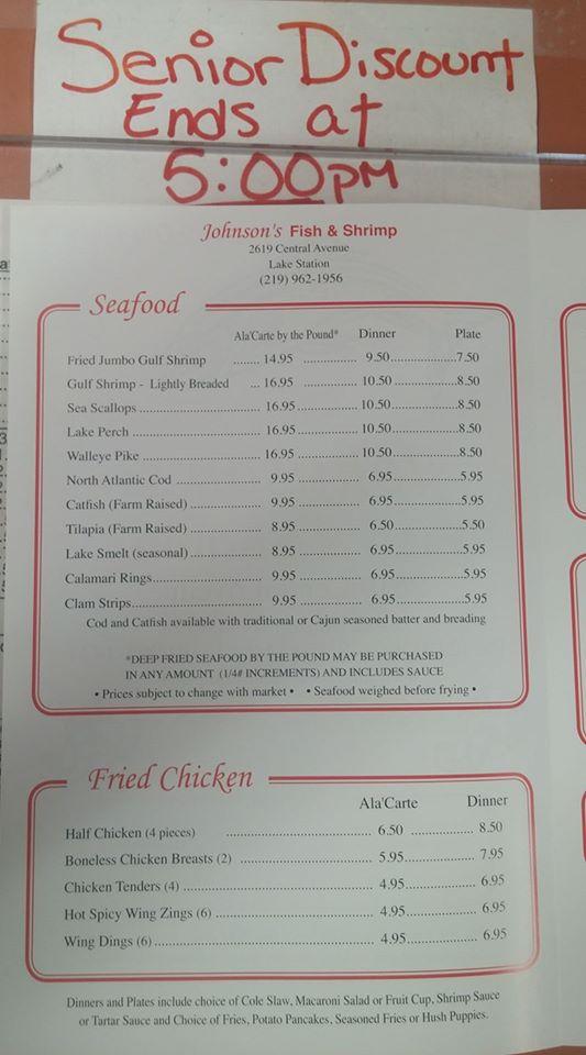 Menu at Johnson's Fish & Shrimp restaurant, Lake Station