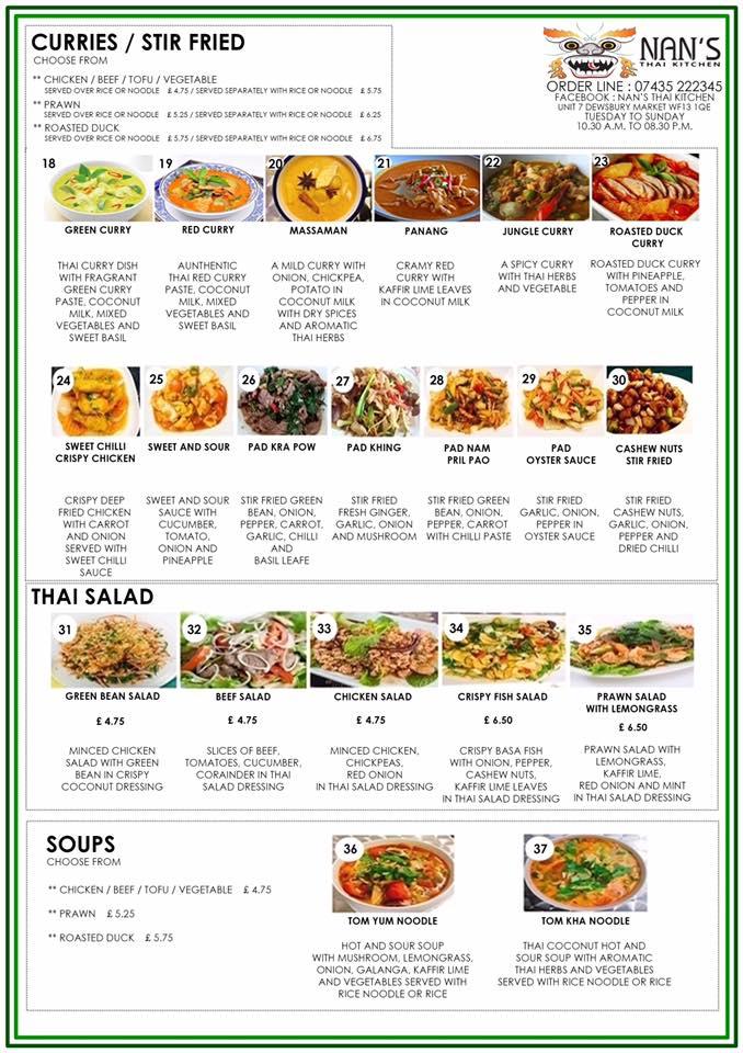Menu at Nan's Thai Kitchen cafe, Dewsbury