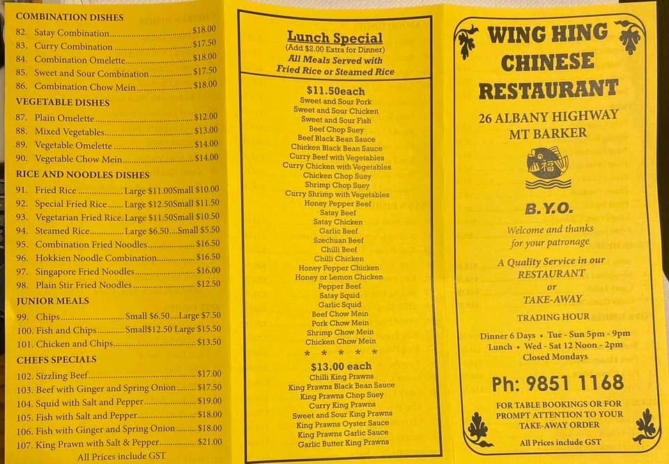 Menu at Wing Hing Chinese Restaurant Mount Barker 26 Albany Hwy