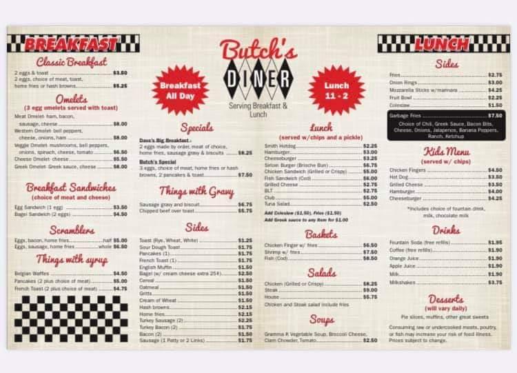 Menu at Butch's Diner restaurant, North East