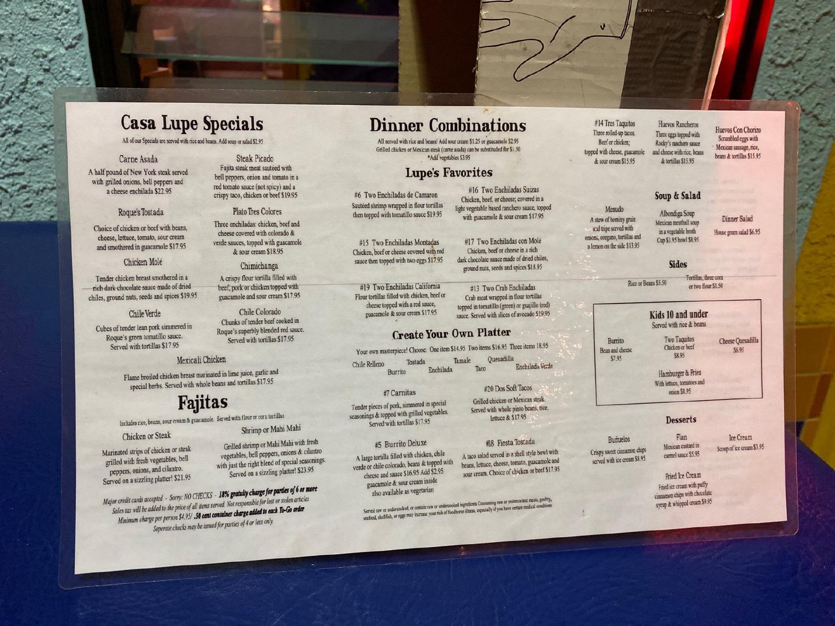 Menu at Casa Lupe restaurant, Sunnyvale
