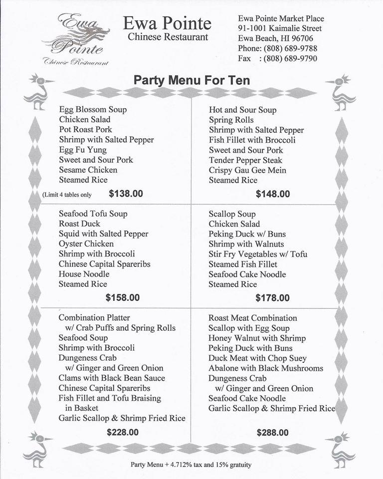 Menu at Ewa Pointe Chinese Restaurant, Ewa Beach