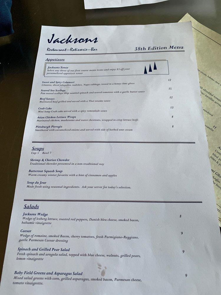 Menu at Jacksons Restaurant Rotisserie Bar, Moon