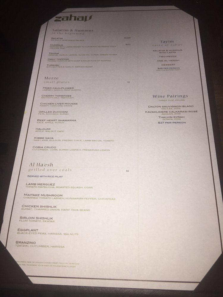 Menu at Zahav restaurant, Philadelphia