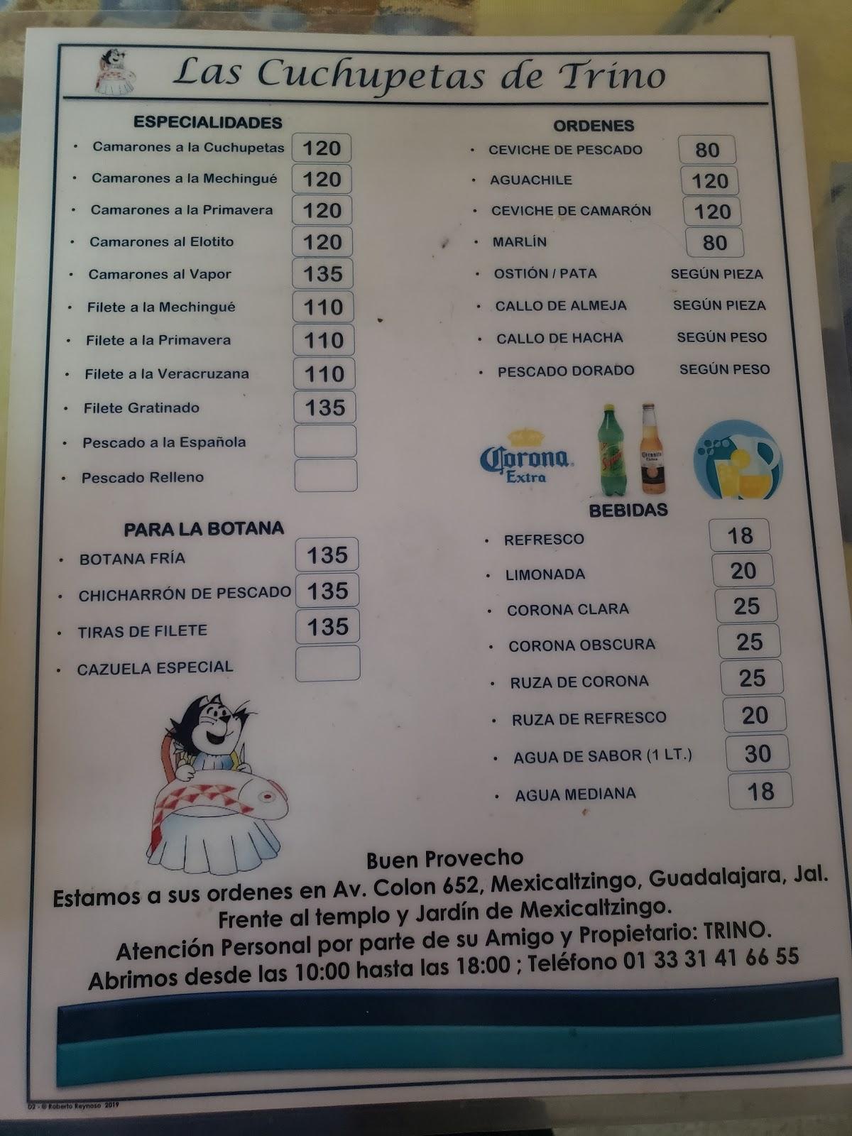 Carta de Restaurant de Mariscos Las Cuchupetas de Trino, Guadalajara