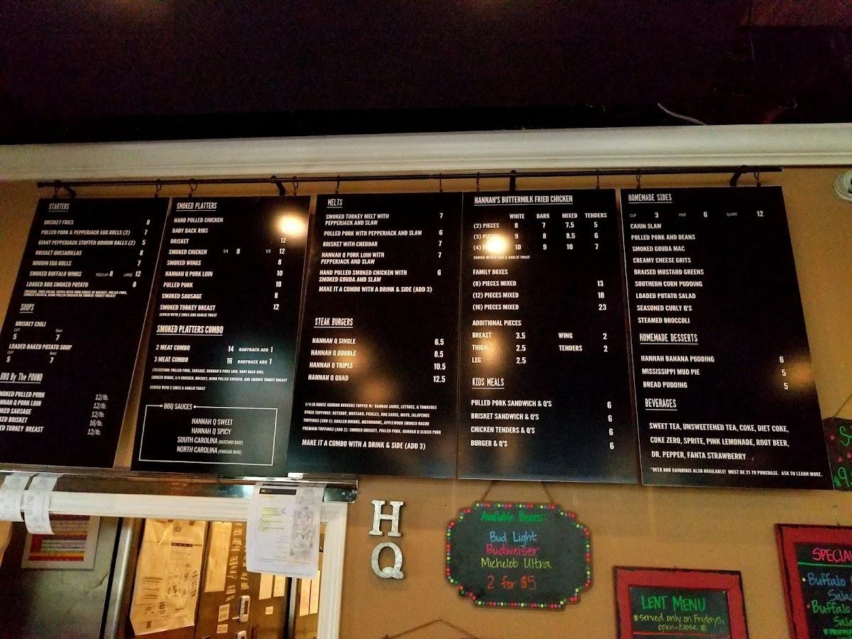 Menu at Hannah Q Smokehouse BBQ, Prairieville