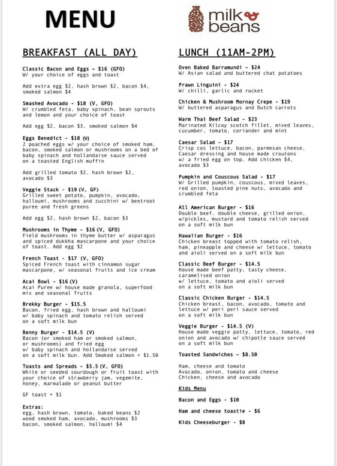 Menu at Milk & Beans Coffee House, Alexandra Headland