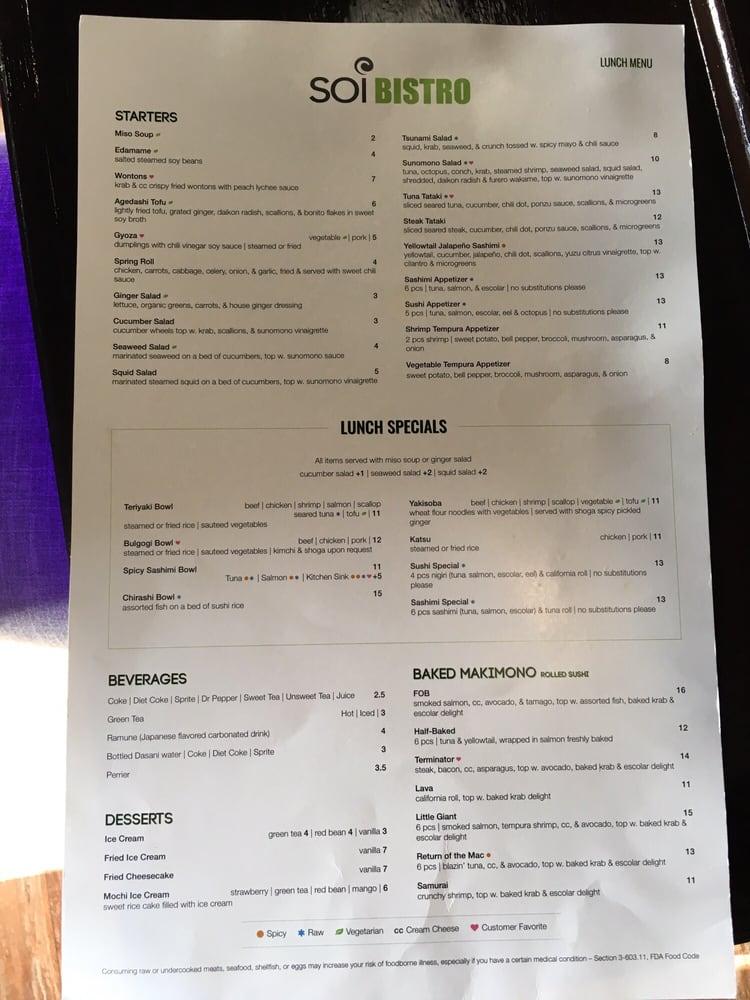 Menu at Soi Bistro restaurant, Fort Walton Beach