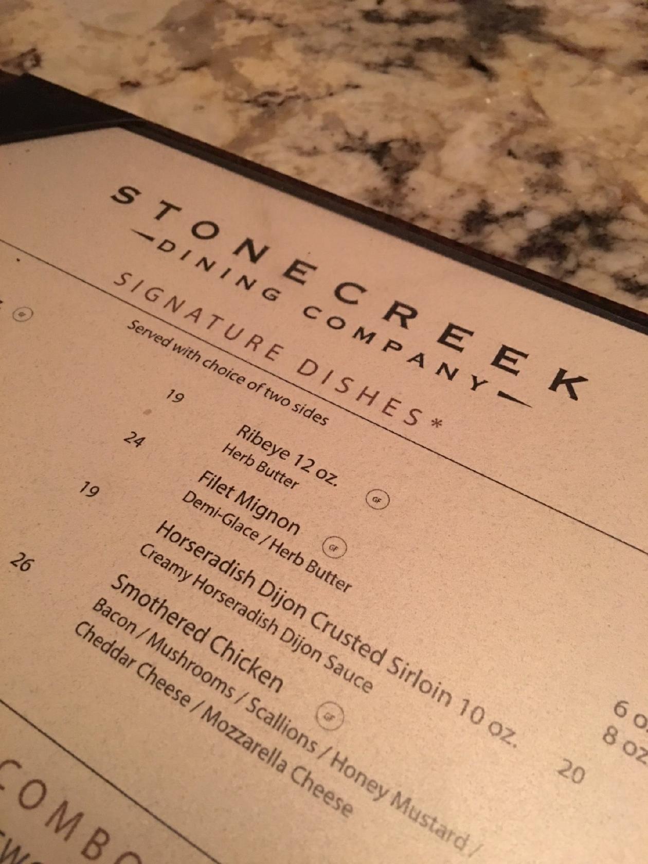 Menu at Stone Creek Dining Zionsville steakhouse, Zionsville, Weston