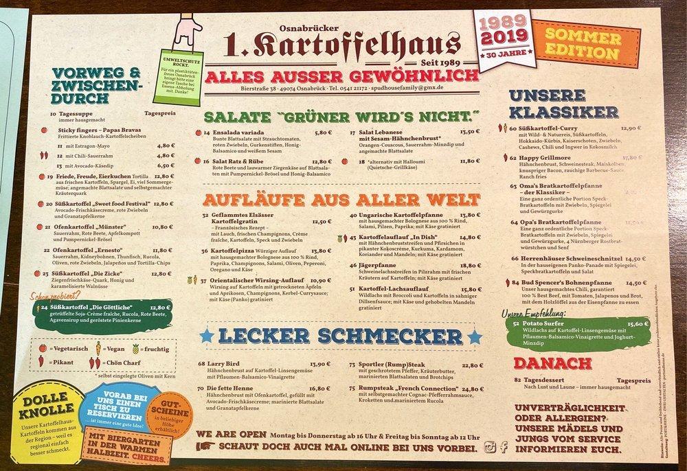 Speisekarte von 1. Osnabrücker Kartoffelhaus Dominikaner - Osnabrück ...