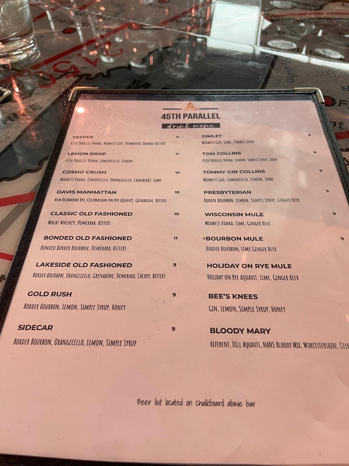 Menu at 45th Parallel Distillery pizzeria, New Richmond