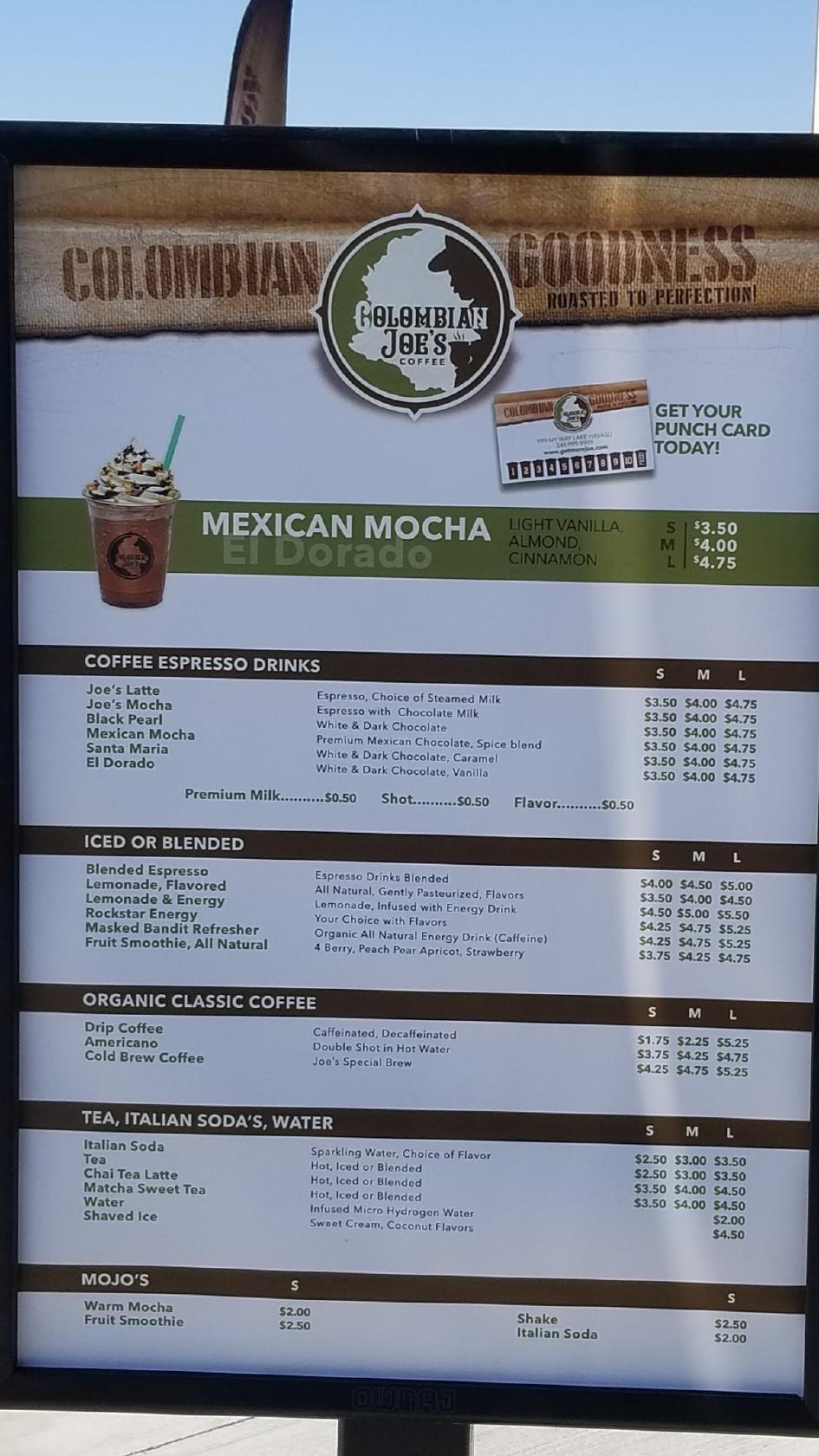 Menu at Colombian Joe's Coffee, Lake Havasu City