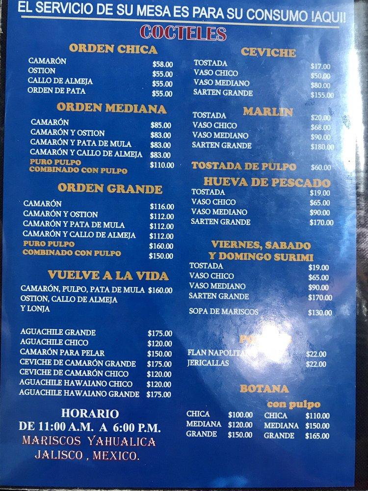 Carta del restaurante Mariscos Alex, Guadalajara, Francisco Vázquez  Coronado 2321