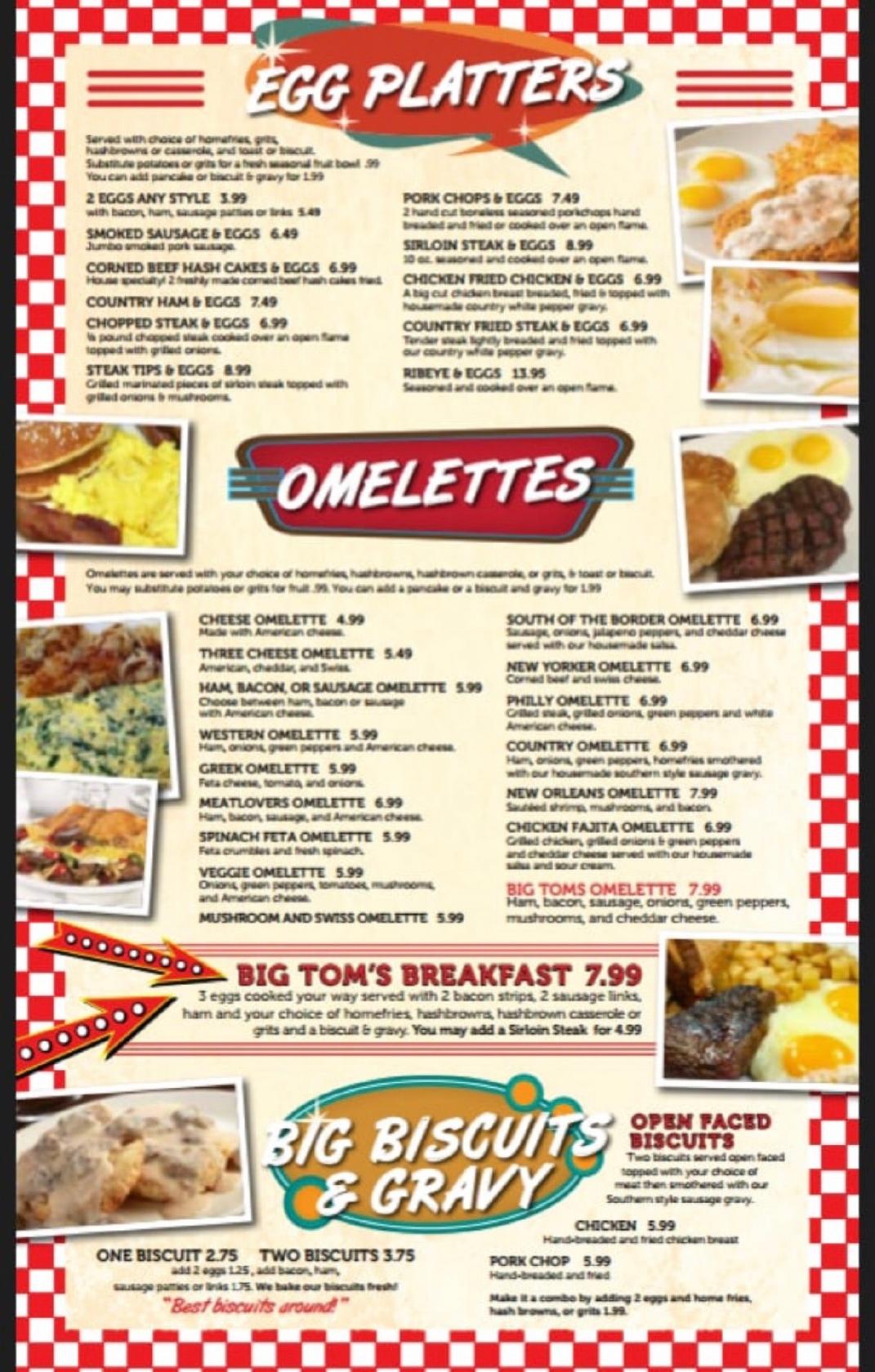 Menu at Big Tom's Diner restaurant, Winter Haven