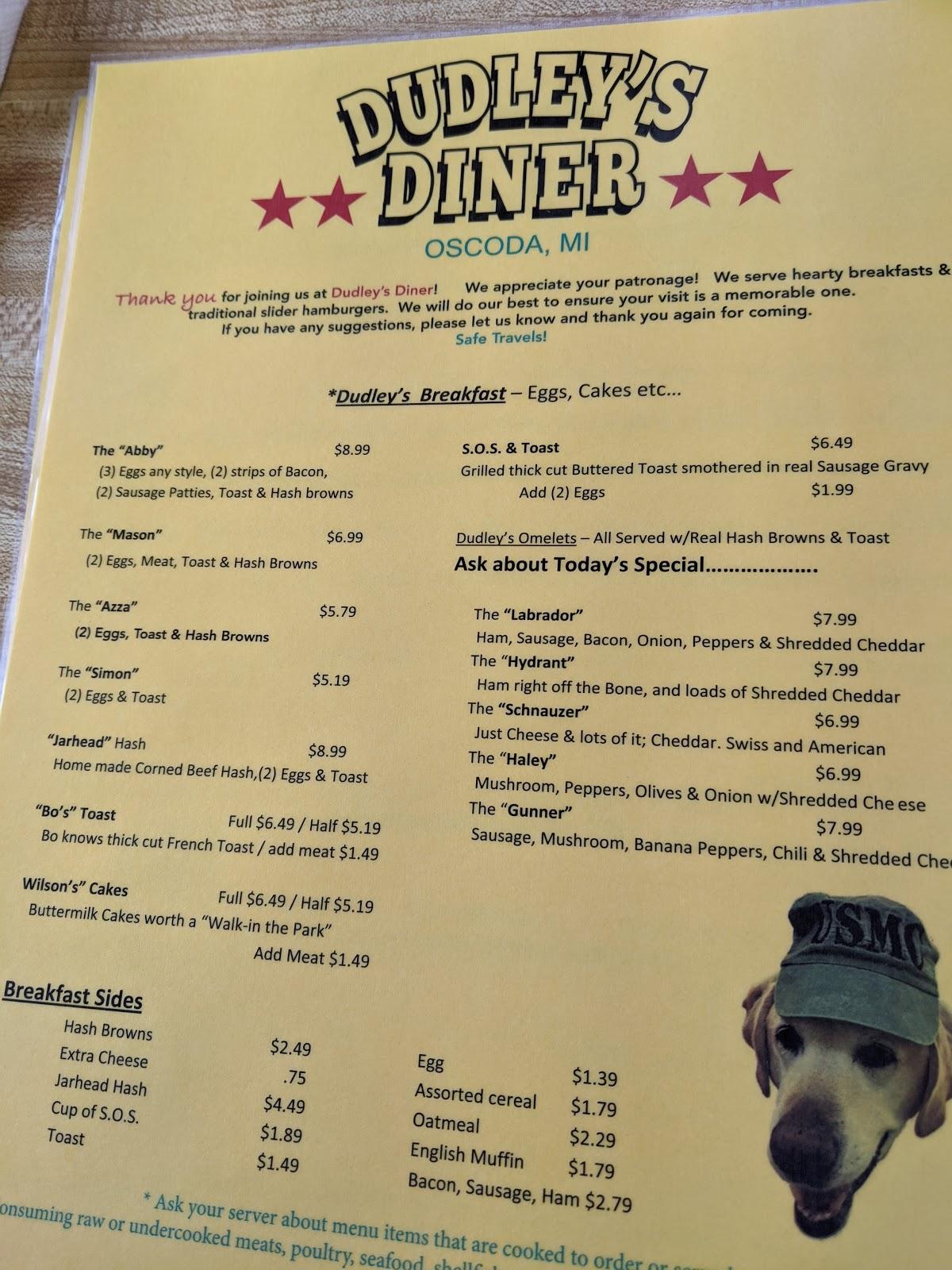 Menu at Dudley's Diner (The Original) restaurant, Oscoda Township