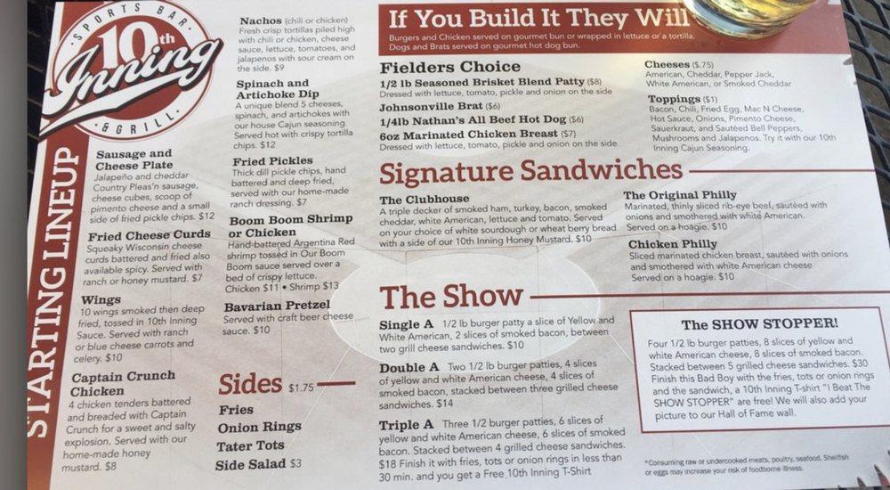 Menu at 10th Inning Bar & Grill At Snowden Grove, Southaven