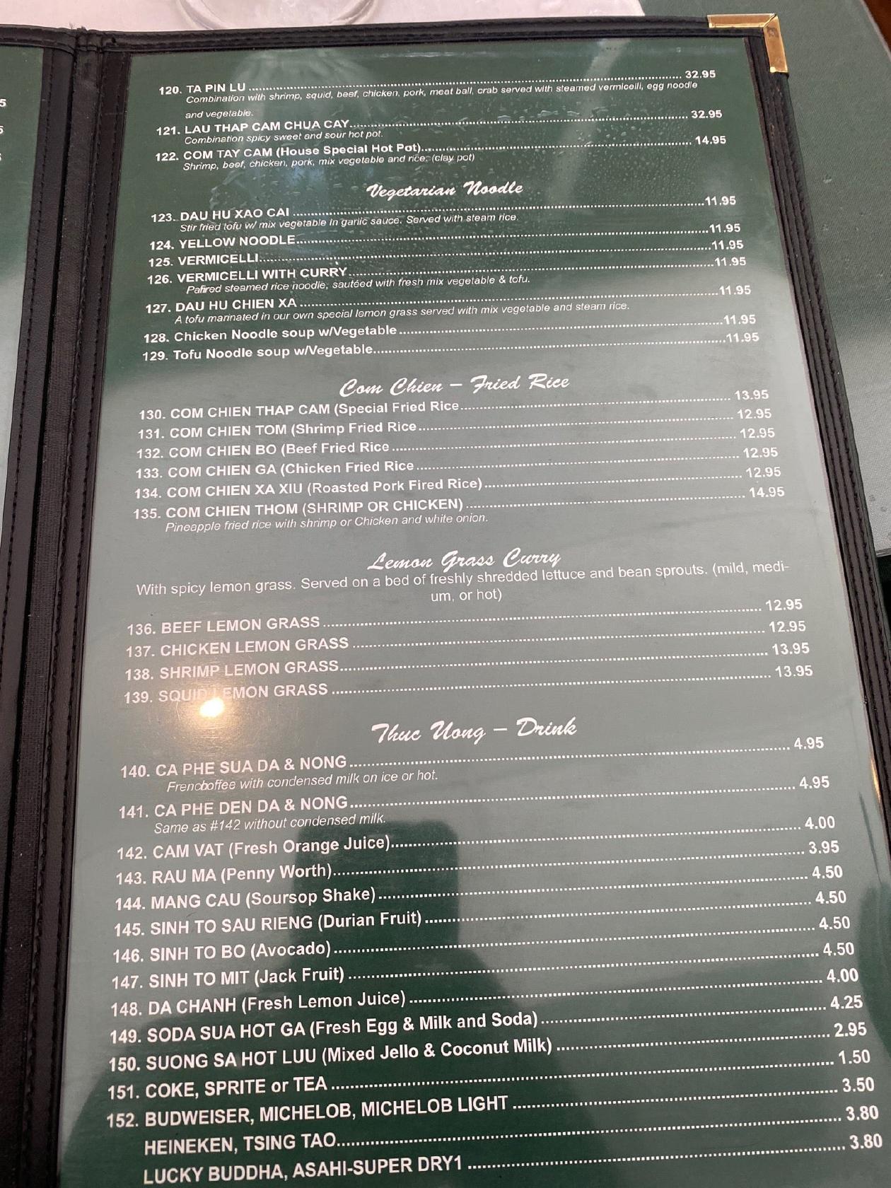 Menu at Lang Van restaurant, Charlotte