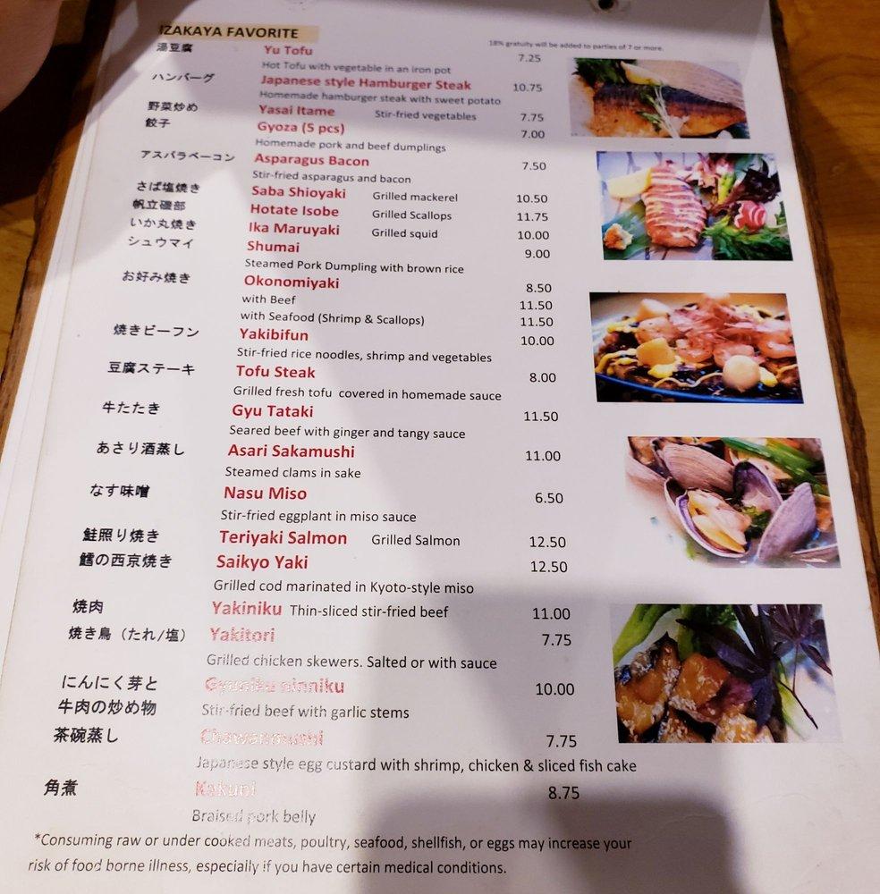 Menu at Syun Izakaya restaurant, Hillsboro