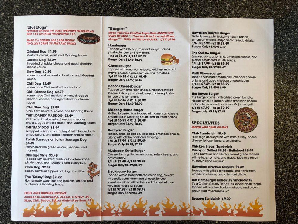 Menu at Maddogs Grill restaurant, Clanton
