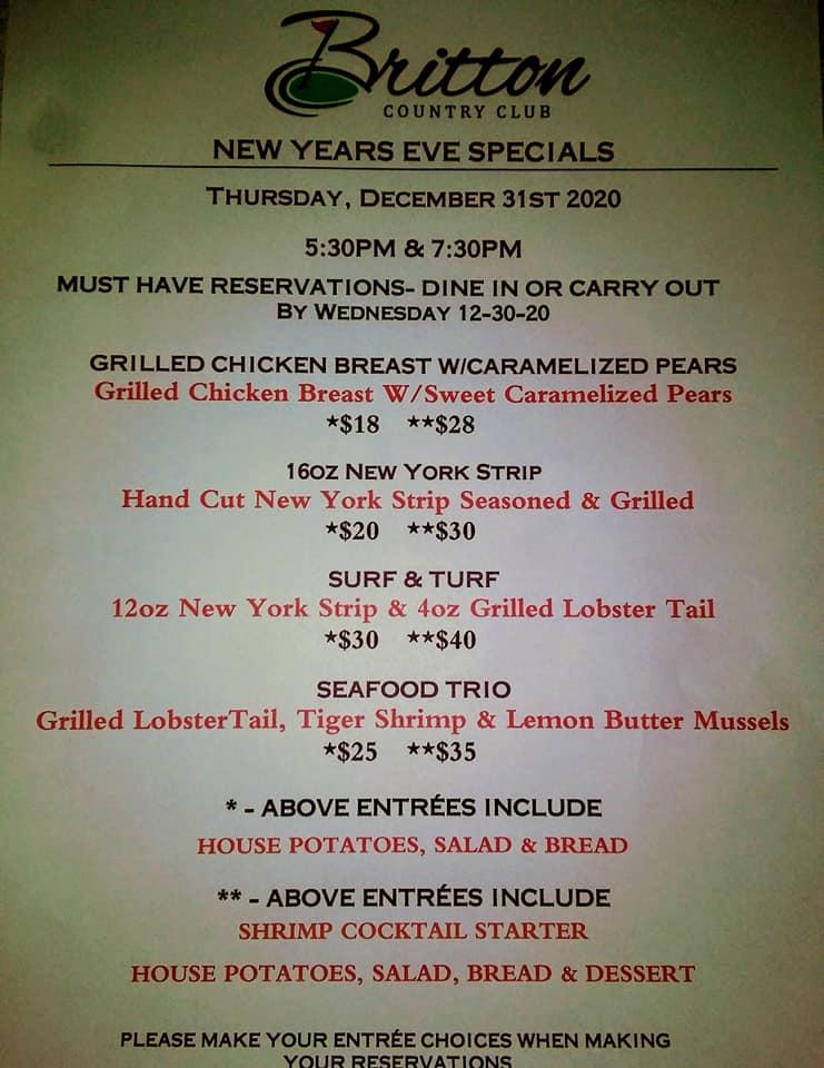 Menu at Britton Country Club, Britton