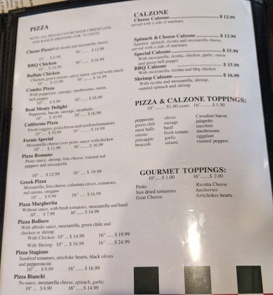 Menu at Piccolino restaurant, Santa Fe