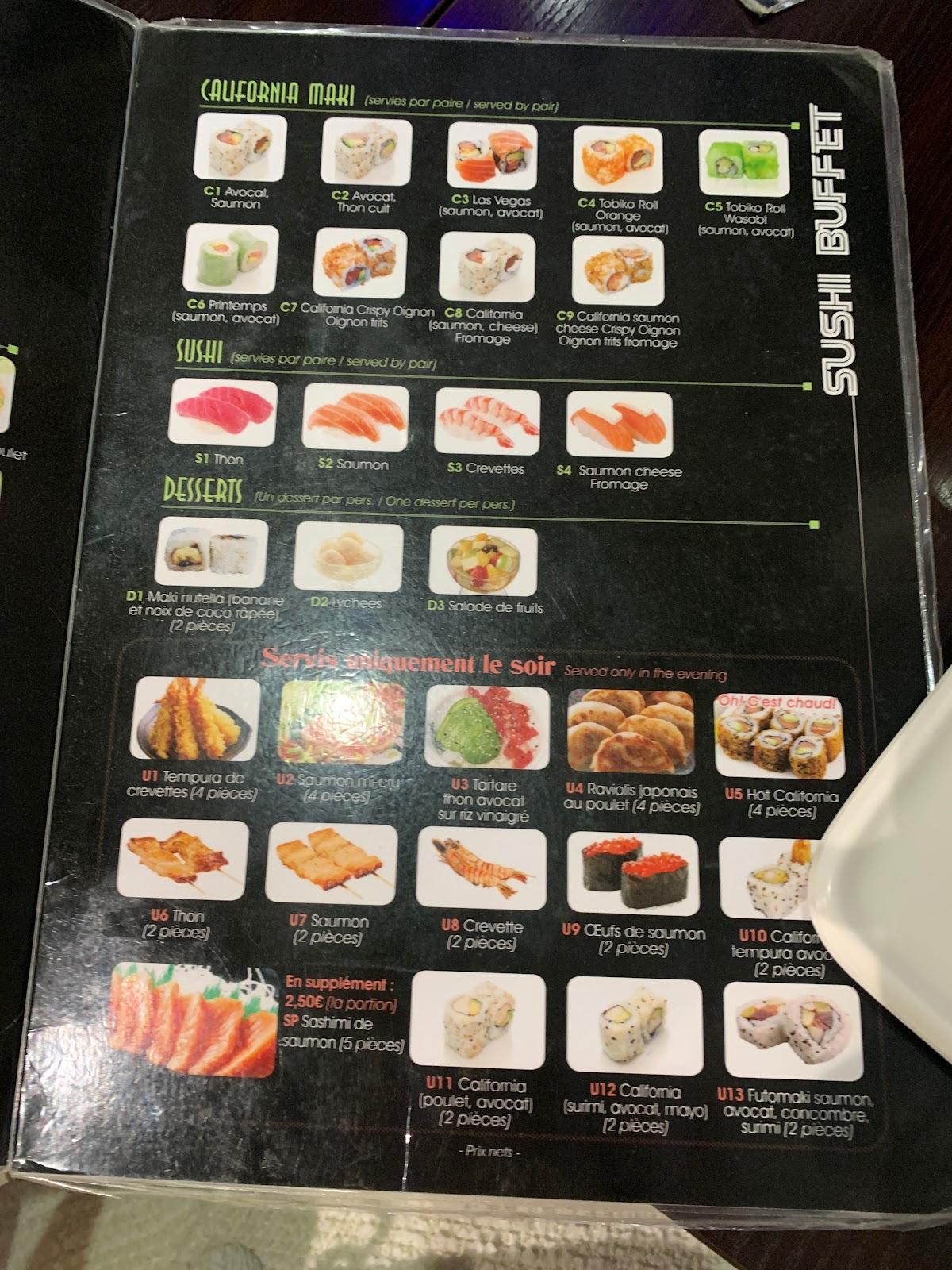 Menu at Sushi buffet restaurant, Paris, 39 Rue de Lappe