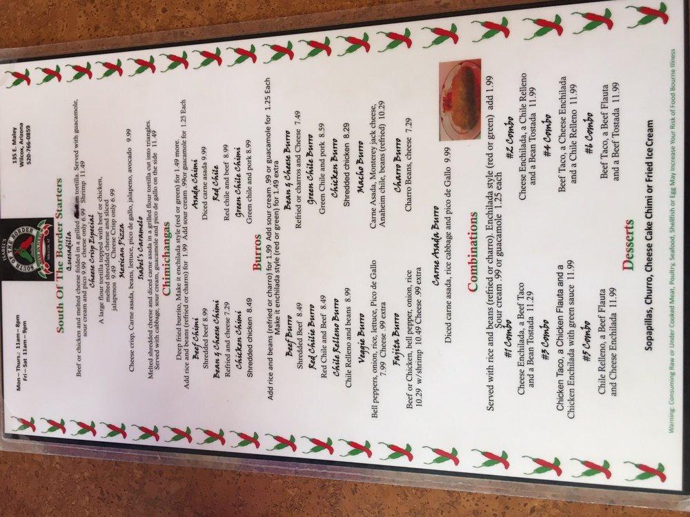 Menu at Isabel's South of the Border restaurant, Willcox
