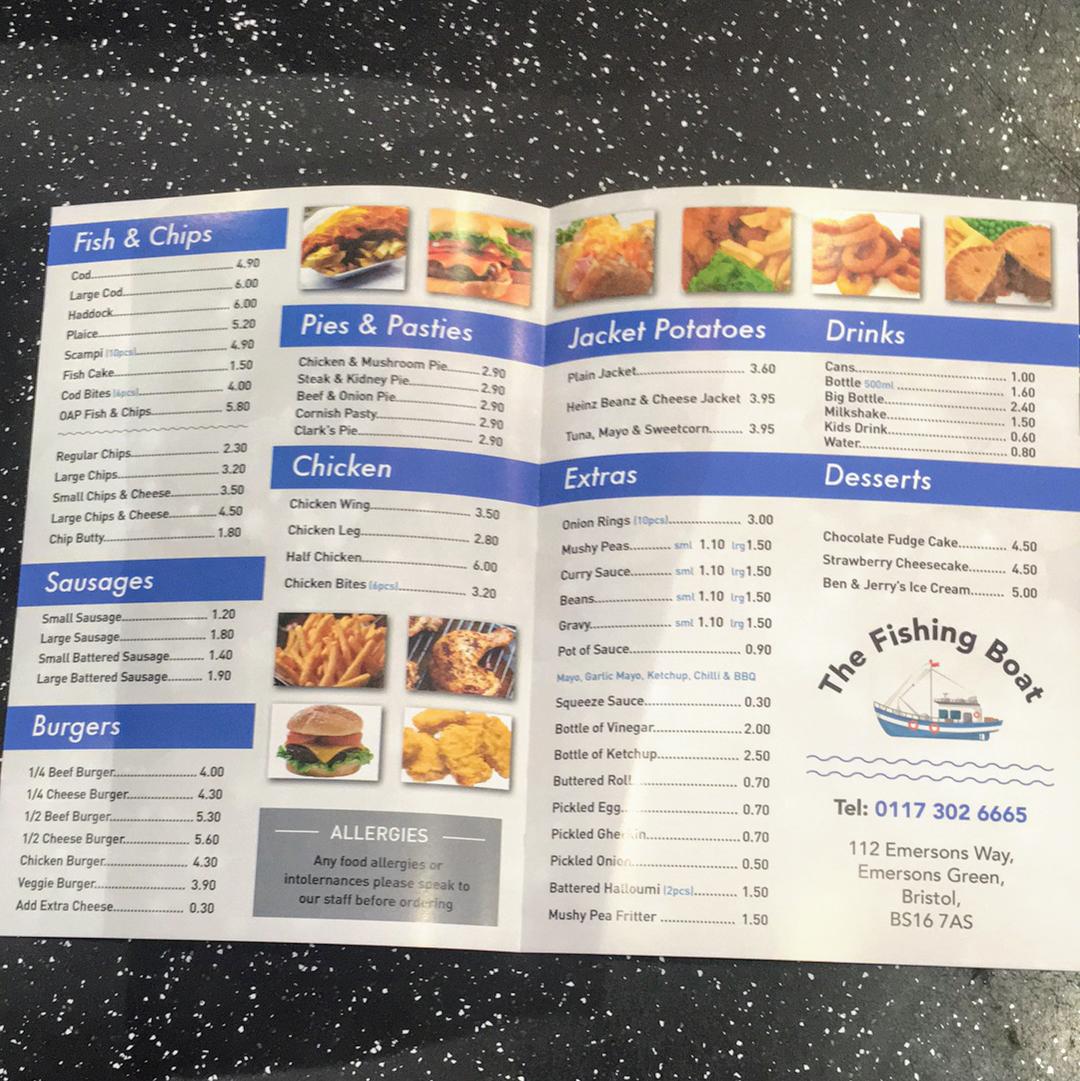 Menu at The Fishing Boat restaurant, Emersons Green