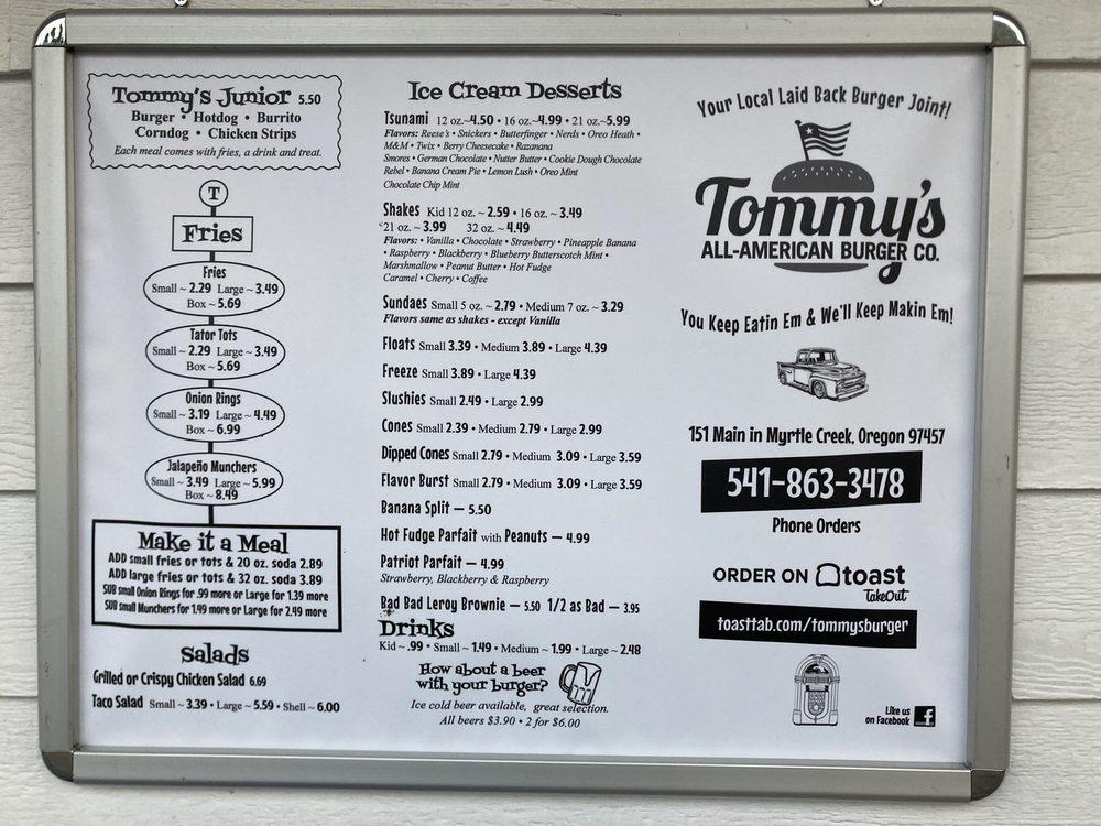 Menu at Tommy's All American Burgers fast food, Myrtle Creek