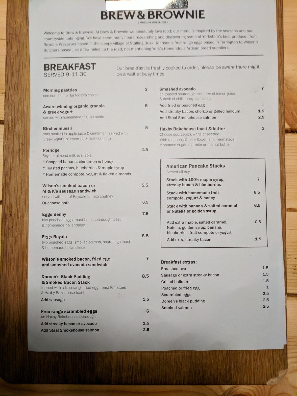 Menu at Brew & Brownie cafe, York, 5 Museum St