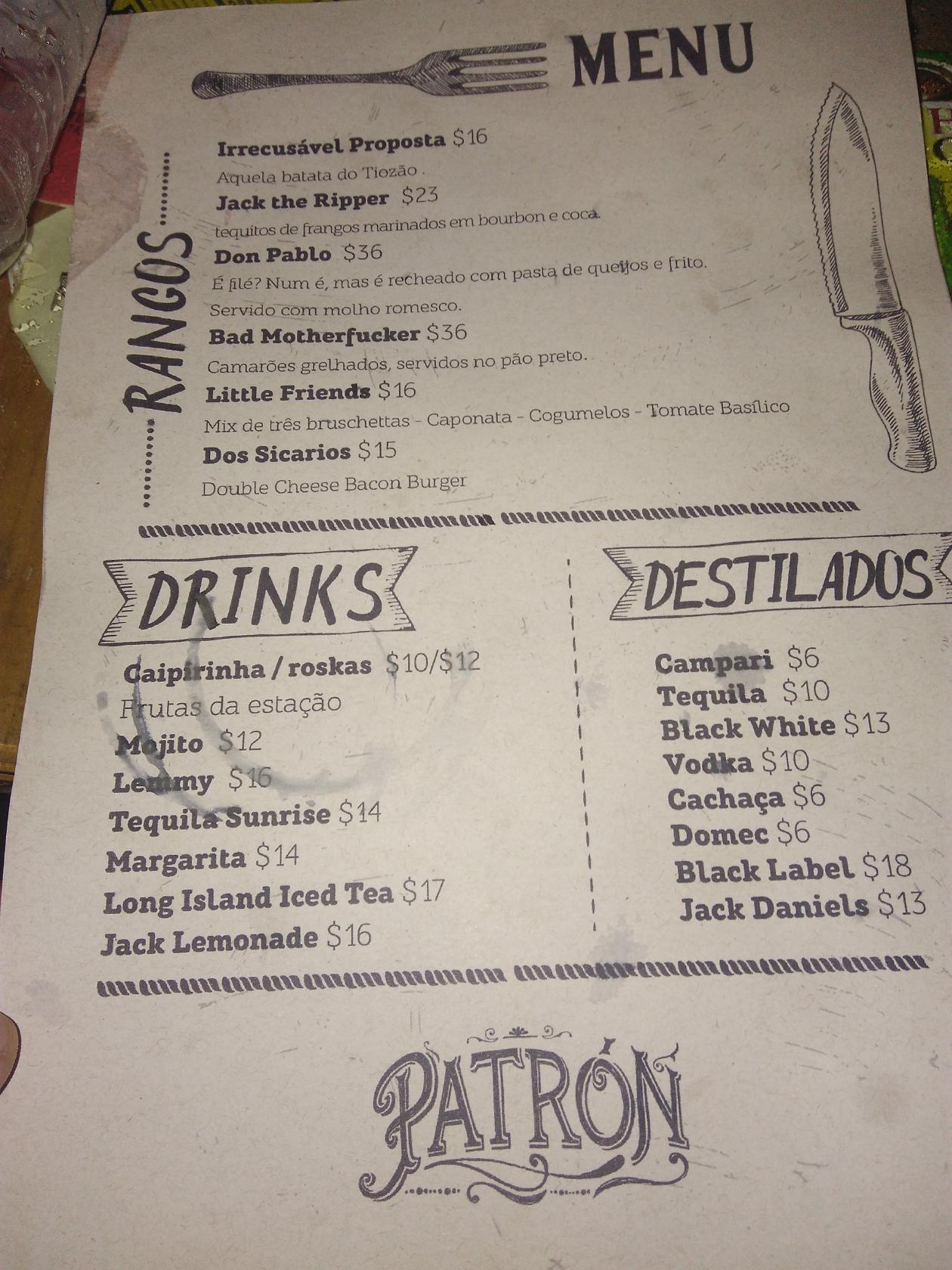 Menu at Patron pub & bar, Aracaju