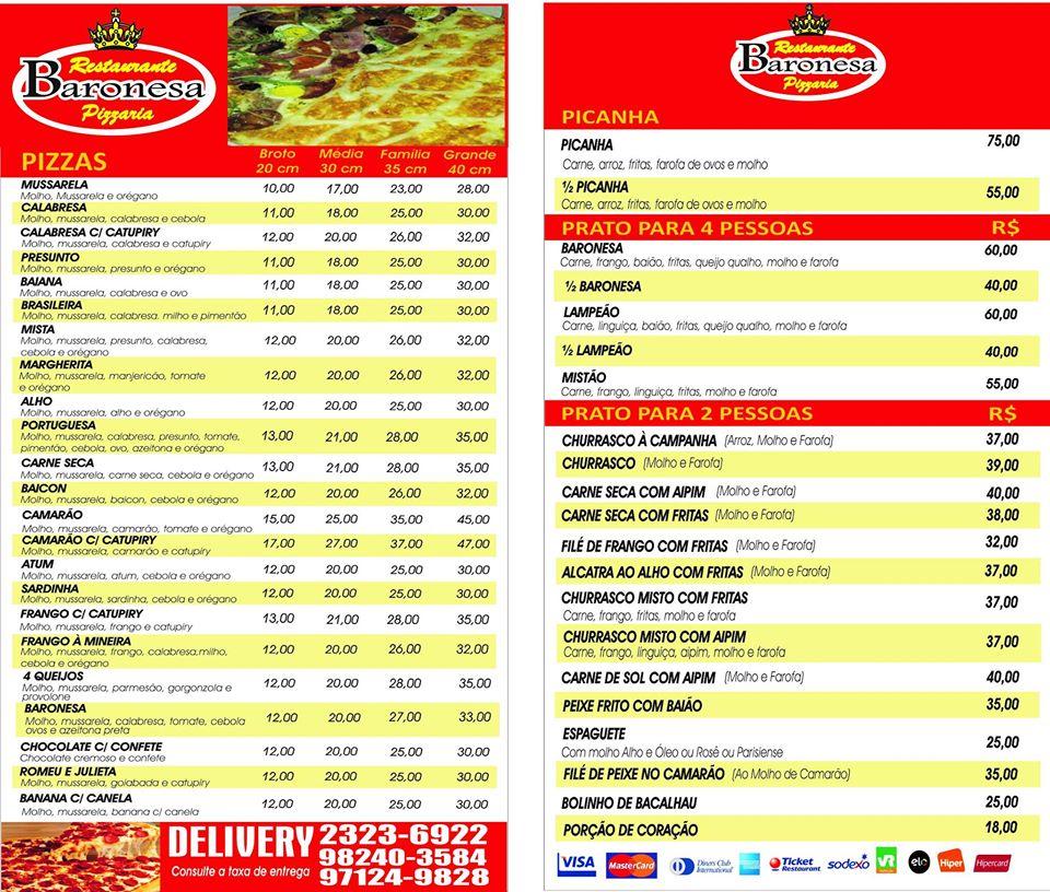 Restaurante e pizzaria Baronesa cardápio
