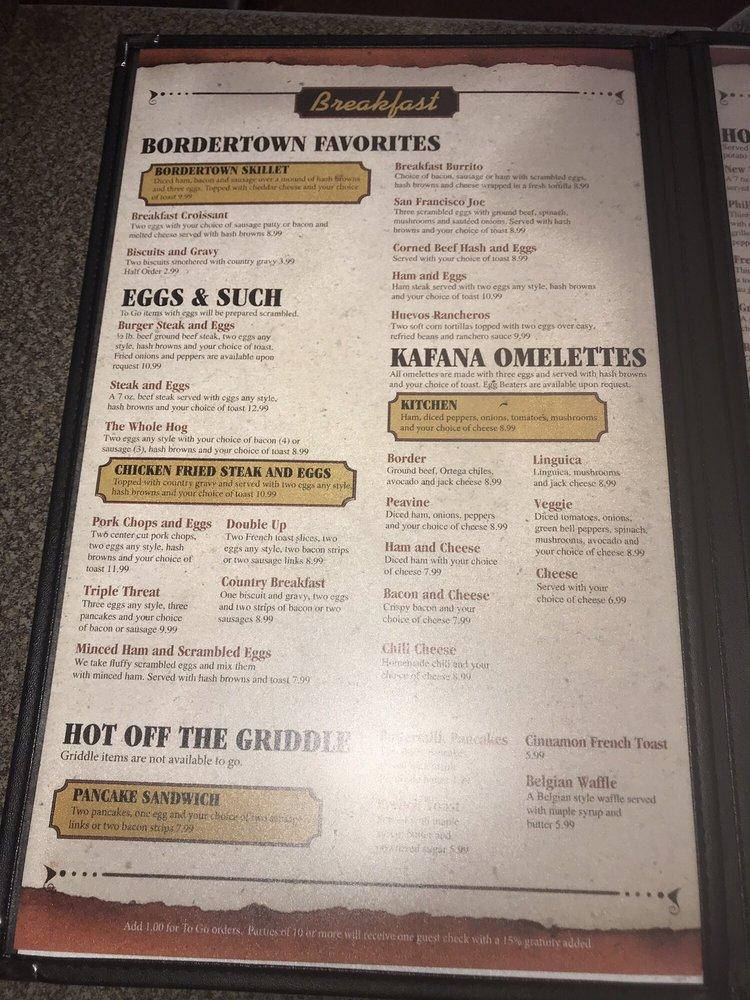 Menu at The Kafana at Bordertown restaurant, Reno, US395