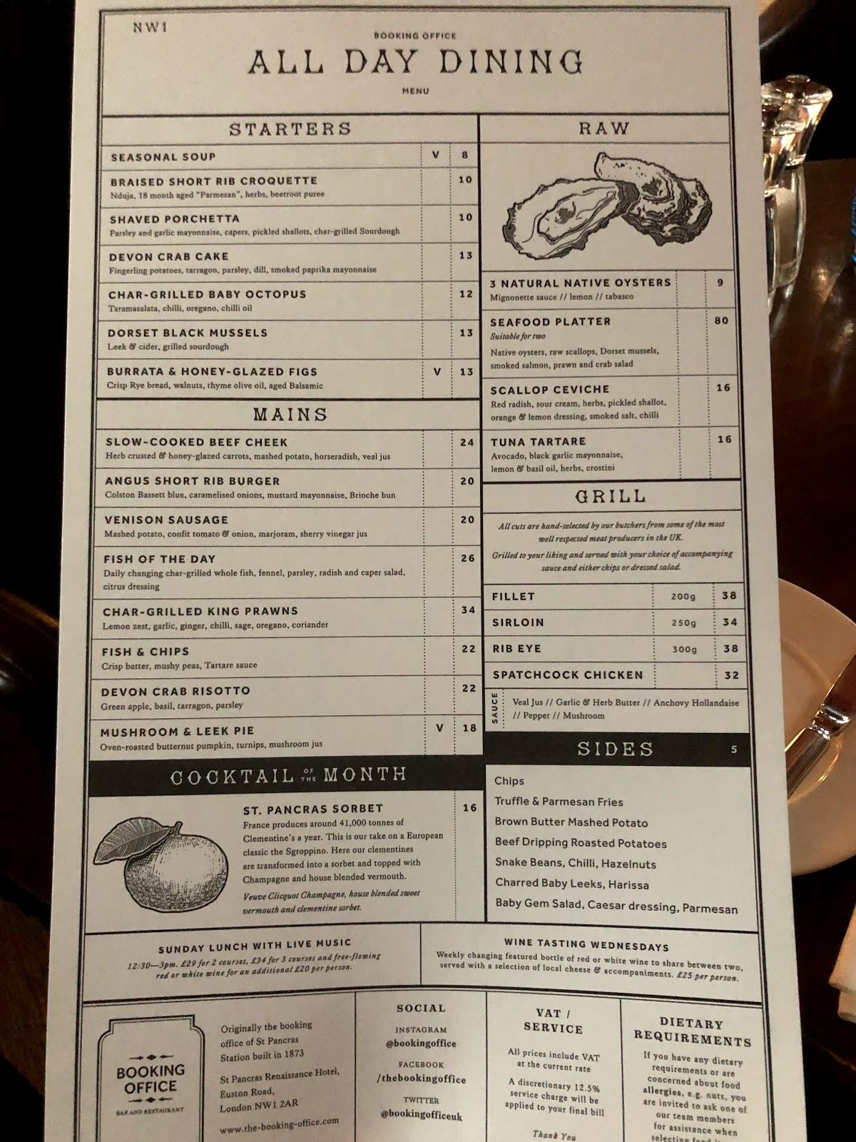 Menu at Booking Office 1869 pub & bar, London