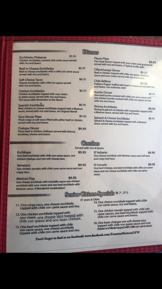 Menu at Ernesto's Mexican Restaurant, Garland, Northwest Hwy