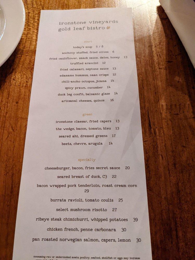 Menu at Ironstone Vineyards pub & bar, Murphys