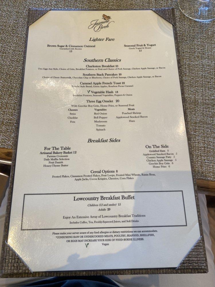 Carta del pub y bar Jasmine Porch, Kiawah Island