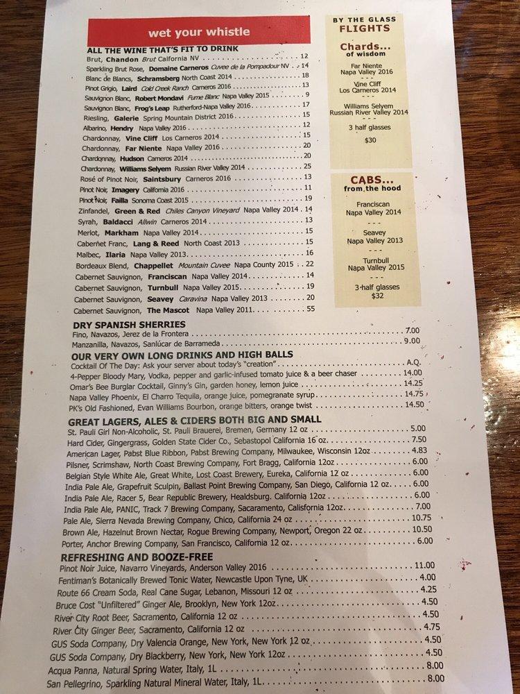 Menu at Mustards Grill restaurant, Yountville, St Helena Hwy