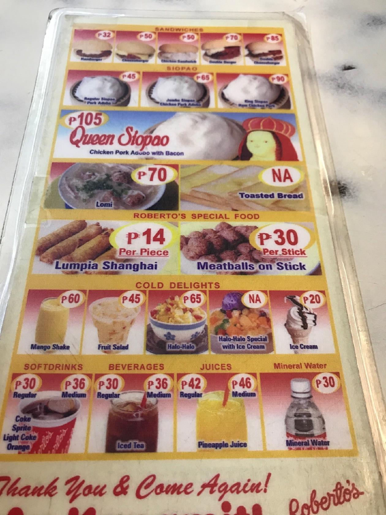 Menu at Roberto's restaurant, Iloilo City, 61 JM Basa St